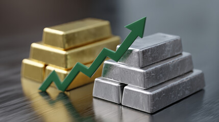 Gold bar silver bar metal investment rising arrow upward trend financial growth optimistic metal asset portfolio