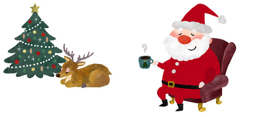 サンタクロースとトナカイがクリスマスツリーの飾った部屋で居眠りしているクリスマスイラスト