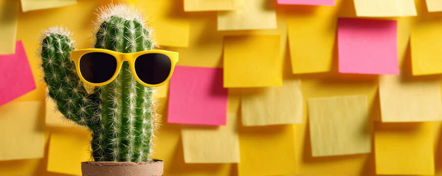 Green cactus with yellow sunglasses against sticky note background expressing playful summer mood