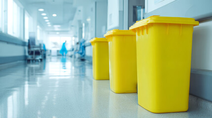 Bright yellow medical waste bin in clean hospital corridor conveying sterile safety and organized infection control