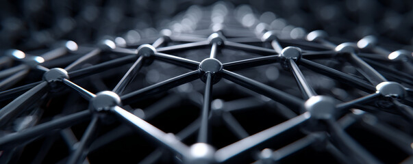 Metal lattice network connecting glossy spherical joints in shallow focus, conveying sleek industrial structure and technological unity