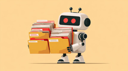Cute robot carrying stack of file folder with organized documents and friendly expression