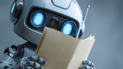 Curious robot reading book, metal robot holding book, blue eye light, close up, futuristic learner
