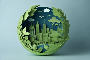 Green paper cut cityscape with leafy border skyline clouds birds river trees sustainable urban design eco concept