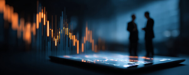Digital tablet with glowing financial chart and two business people discussing strategy in blurred background, dynamic mood