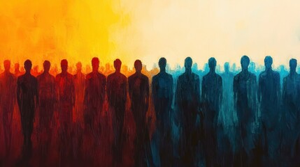 Abstract painting of multiple human silhouettes standing closely, divided into warm orange and cool blue color zones, evoking contrast and unity