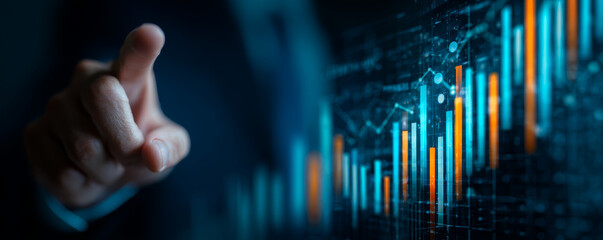 Businessman pointing at glowing financial bar chart and data visualization, futuristic investment concept with digital analytics and growth insight