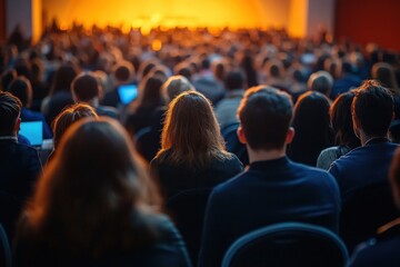 Large audience seated indoors facing a brightly lit stage in an auditorium during a conference or presentation