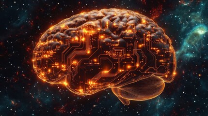 Glowing digital brain with circuitry patterns floating in a cosmic star-filled background representing artificial intelligence and advanced technology