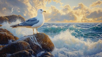seagull standing on rocky shore with crashing waves under a dramatic cloudy sky at sunset