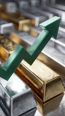 Green upward arrow over gold and silver bars indicating rising precious metal value and investor confidence in market growth