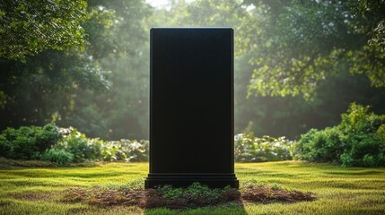 A tall, black rectangular stone monument or gravestone standing on a grassy area surrounded by lush green bushes and trees under soft sunlight