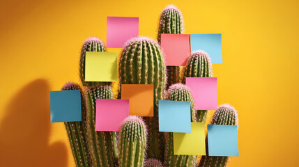 Colorful sticky notes cactus against yellow background creating playful contrast and creative office concept with sharp spines and bright pastel