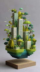 Miniature green cityscape with sustainable vertical gardens and floating tree canopies evoking calm optimism