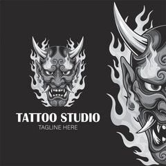 Japanese Oni Mask Tattoo Studio Logo Design on Dark Background