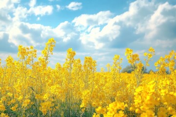Bright yellow flowers blooming in a vast field under a partly cloudy blue sky on a sunny day