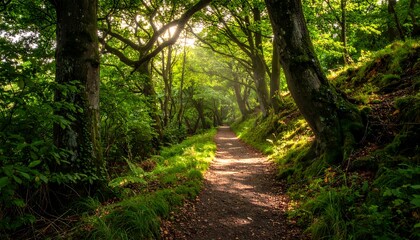 Obraz premium Pathway through a sun-dappled forest with lush foliage