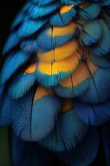 Obraz premium Close-up of vibrant blue and orange bird feathers showcasing intricate texture and delicate layering with a soft, natural light enhancing the vivid colors