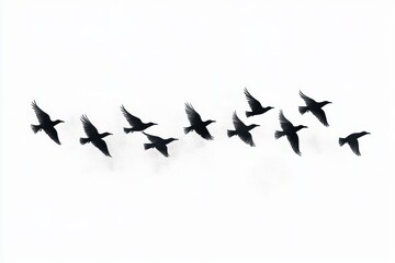 silhouettes of ten birds in mid-flight against a bright white sky, showing wings fully extended and motion in formation