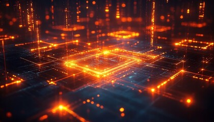 Fototapeta premium Glowing orange and yellow digital circuit board with bright light effects creating a futuristic and high-tech atmosphere