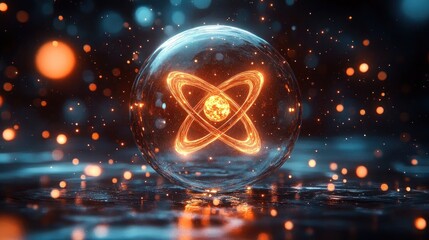 Glowing atomic structure with orbiting electrons inside a transparent sphere surrounded by floating light particles in a dark environment