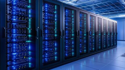 Modern data center with glowing blue server racks symbolizing cloud storage technology and digital infrastructure - Powered by Adobe
