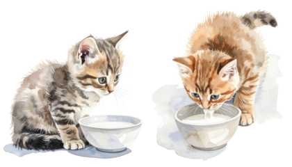 Two variations of a feline enjoying goat milk isolated on transparent background