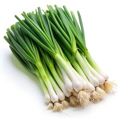 Scallions with Roots Tied in Bundles on White green onions
