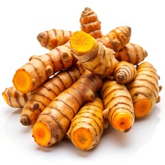 Stack of Raw Turmeric Roots on White Background curcuma longa