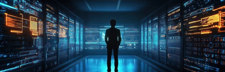 Silhouette of a person standing in a futuristic data center surrounded by glowing digital screens and server racks with blue and orange light