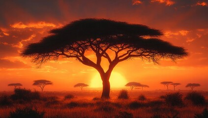Fototapeta premium Silhouetted acacia trees on a grassy plain during a vivid orange sunset with dramatic clouds and warm glowing light