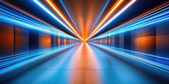 Futuristic corridor with bright blue and orange neon lights creating a dynamic and immersive tunnel effect evoking speed and modern technology