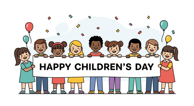 Diverse group of happy smiling children holding a banner celebrating happy childrens day isolated on white background