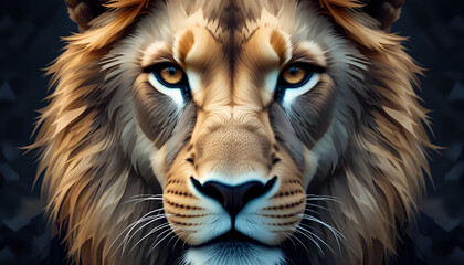 Naklejka premium Intense portrait of a majestic lion with a piercing gaze and golden mane