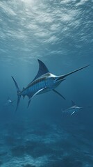 A majestic marlin glides through crystal-clear water, showcasing its streamlined body and impressive bill amidst a serene underwater environment.