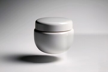 Studio photograph of a glossy white cosmetic jar floating in an infinity cove.