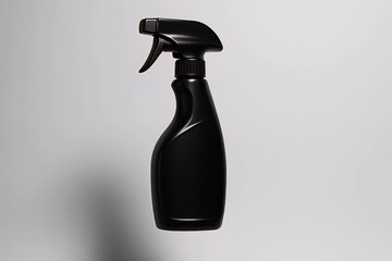 Professional shot of a sleek black plastic spray bottle suspended in air.