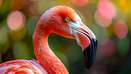Close-up of a vibrant pink flamingo's head, focused, with bright bokeh