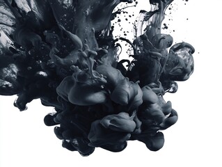 Abstract Black Ink Swirl in Water Against White Background Creating Dynamic Smoke Forms