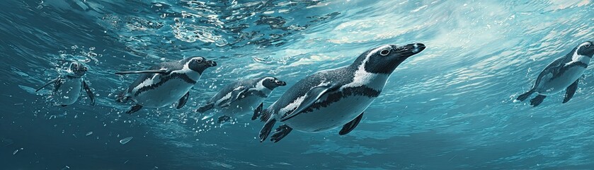 Naklejka premium A group of penguins swimming gracefully underwater, showcasing their streamlined bodies and playful nature in a vibrant blue ocean.