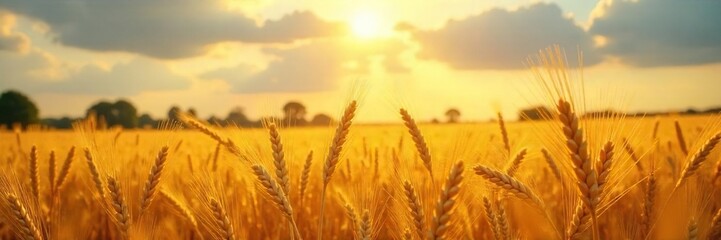 Golden Barley and Wheat Field Swaying Gently in the Summer Breeze, a Picturesque Harvest Scene at Golden Hour