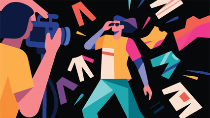 Illustration Of Fashion Enthusiast Filming With Clothes Flying Magically Onto Their Body As A Transition Effect Vector Design Template