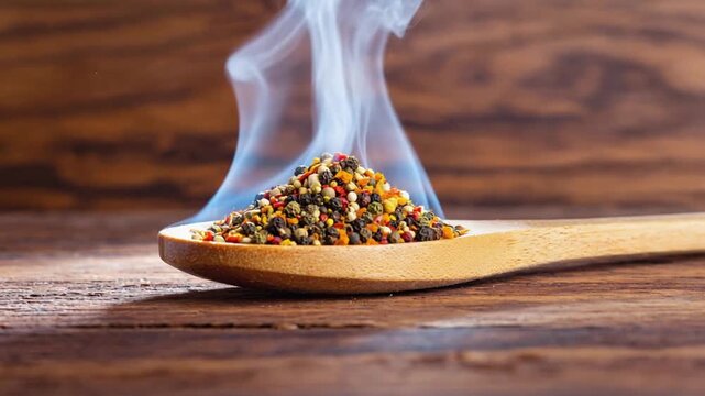 Close up of steaming colorful spice blend on a wooden spoon against a wooden background texture