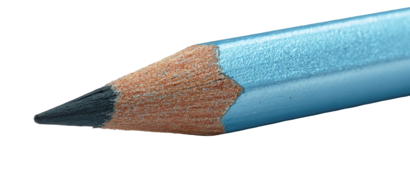 Close-up of a colored pencil's tip, showing a light blue and dark gray lead