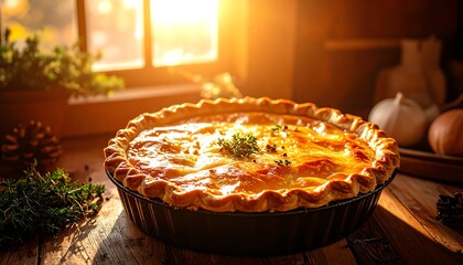 Autumnal pie on rustic wooden table
