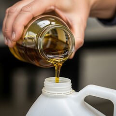 Pouring Liquid From Glass Jar Into Plastic Container