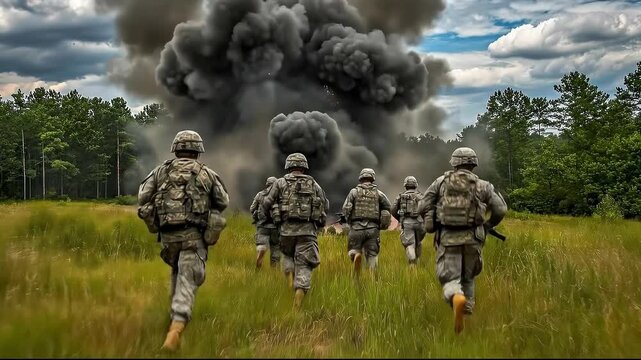 Soldiers rushing through grass amidst an explosion and thick smoke.