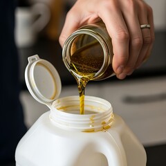 Pouring Cooking Oil From Glass Jar Into Plastic Container