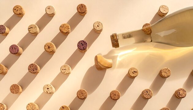 Angled photo showing a bottle near corks scattered on light surface