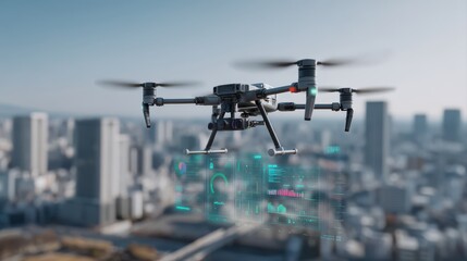 Future city with AI integrated data visualization, A drone hovers above a cityscape, displaying digital data overlays, showcasing advanced technology and aerial capabilities in urban environments.